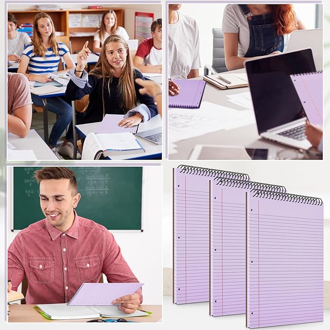 MotiMind 3 Pack 8.5" x 11" Top Spiral Notebook with 3 Hole Punched Purple Legal Pads College Ruled Notepad 50 Sheets Hard Cardboard Paper Wirebound Notepad for Office School Business