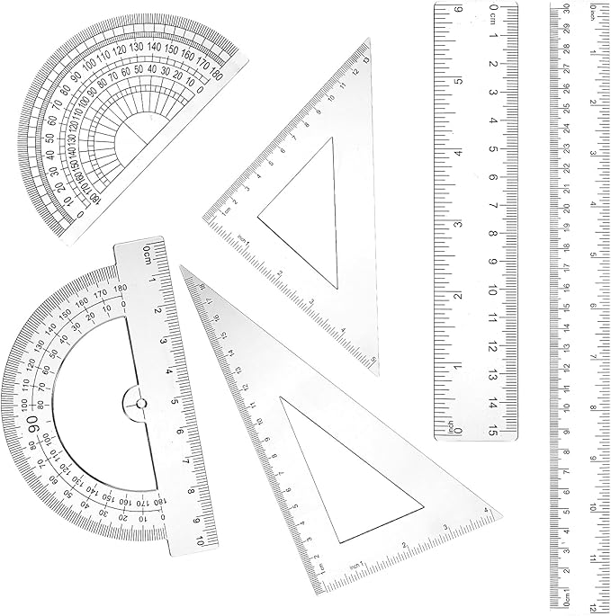 6PCS Clear Plastic Ruler Math Set, Math Geometry Tool Plastic Ruler Set, Includes 6 Inch and 12 Inch Straight Rulers, 30/60 and 45/90 Triangle Rulers, Protractor for School, Office, Home