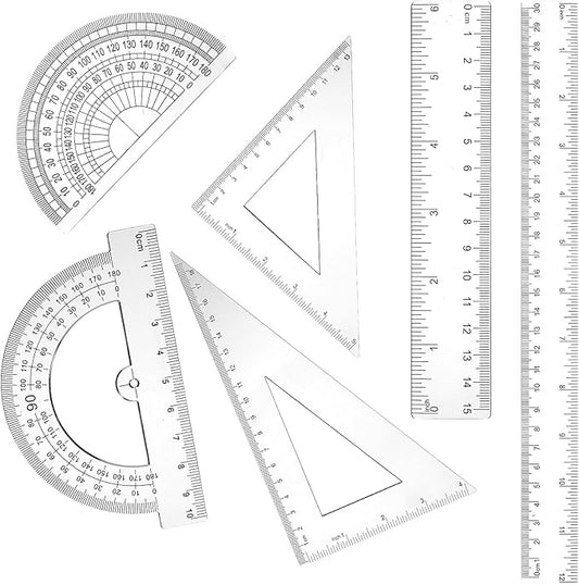 6PCS Clear Plastic Ruler Math Set, Math Geometry Tool Plastic Ruler Set, Includes 6 Inch and 12 Inch Straight Rulers, 30/60 and 45/90 Triangle Rulers, Protractor for School, Office, Home