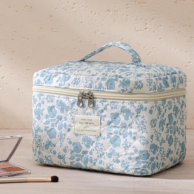 HBselect Quilted Makeup Bag, 3Pcs Cotton Large Travel Makeup Bags Organizer | Cute Floral Make up Bag Cosmetic Bag Toiletry Bag for Women Girls, Makeup Pouch for Skincare, Brushes & Travel Essentials