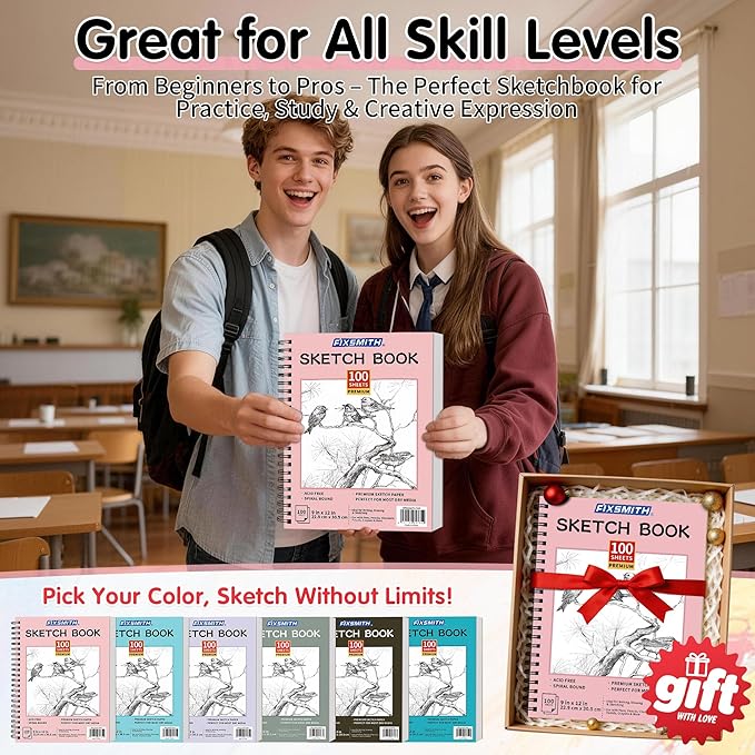 FIXSMITH 9"X12" Pink Sketch Book, 100 Sheets (68 lb/100gsm) Spiral Sketchbook, Acid Free Drawing Paper, Sketch Pad for Beginners,Artists & Professionals, Bright White