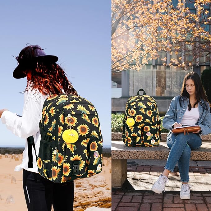 Hidds Laptop Backpacks 15.6 Inch College Backpack Elementary Middle High School Book Bag Cute Bookbags Anti Theft Travel Back Pack Casual Daypack Kids for Teens Girls Women Students (Sunflower Black)