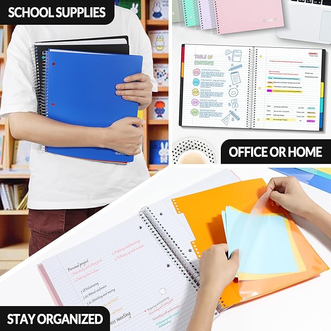 SUNEE 5 Subject Notebook College Ruled - 400 Pages, 9"x11", 5 Pocket Colored Dividers, 3-Hole Punched Paper, Black