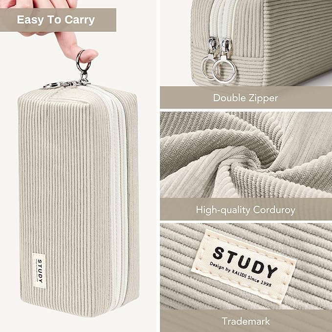 KALIDI Large Pencil Case Corduroy Pencil Pouch Box Cute School Supplies for Teen Girls Boys, Grey