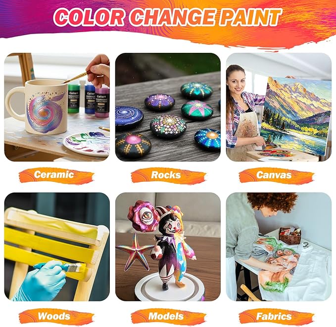 Caliart Iridescent Acrylic Paint, 24 Chameleon Colors in 59ml/2oz Bottles with 12 Brushes, Art Craft Paints Color-shifting for Adults Artists Beginners, Canvas Ceramic Wood Rock Painting Kit