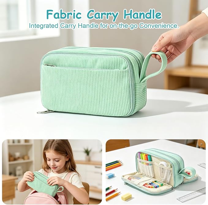 BuyCard Big Capacity Pencil Case, Corduroy Fabric, White with Mint Green Floral Pattern, Pencil Bag with Zipper Closure, Graduation Gift Office Stationery Storage Pen Pouch
