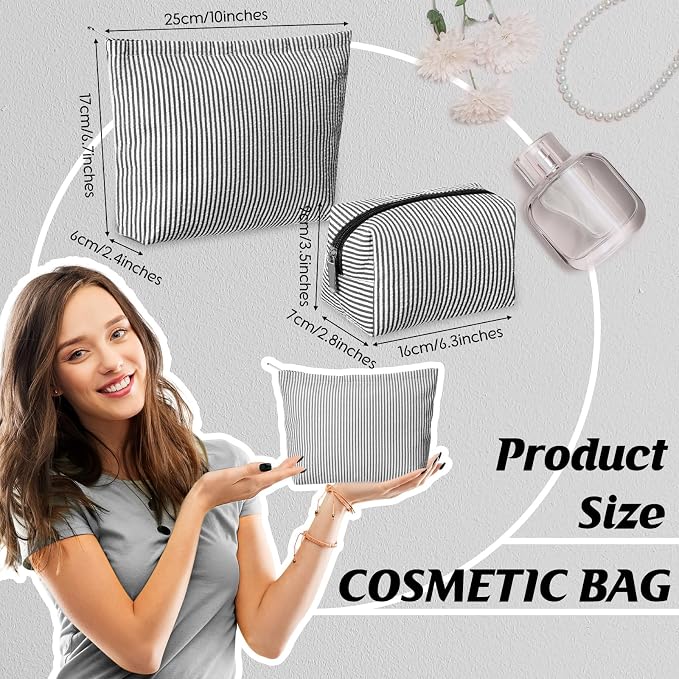 Huhumy 2 Pcs Makeup Bag Set for Women, Black, Thin Striped Seersucker | Cute Cosmetic Pouch Women Travel Toiletry Bag Preppy Small Makeup Purse Pouch Aesthetic Skincare Brushes Storage Organizer