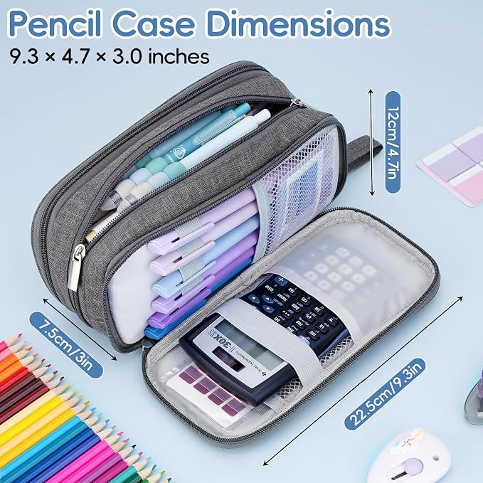 Pencil Case Large Capacity, 3 Compartment Gray Big Pen Pouch with Zipper | Durable Stationery Organizer, Portable Marker Pen Bag for Teens, College and High School Students, Adults and Teachers
