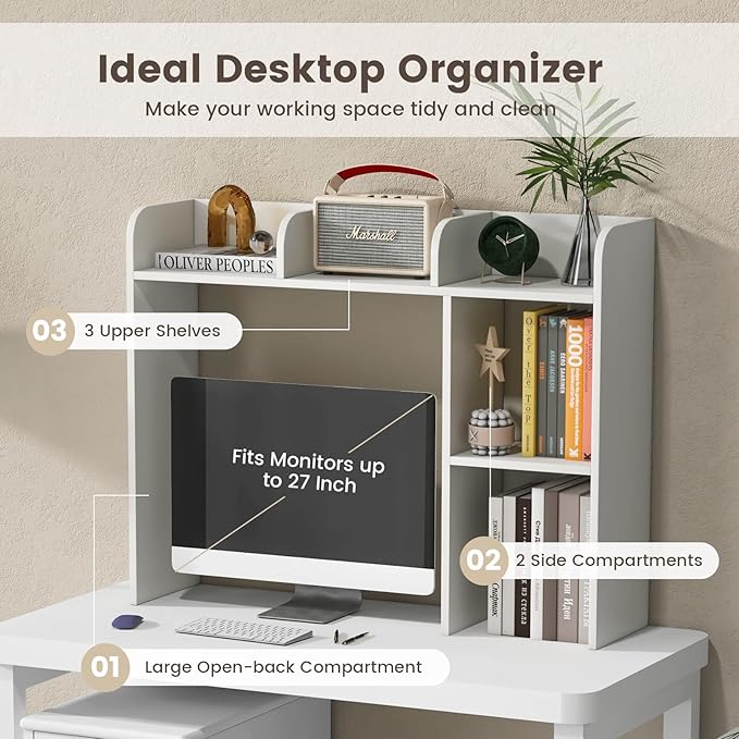 Giantex Desktop Bookshelf, Wood Desk Hutch Organizer for 27 Inch Computer Monitor, Countertop Storage Display Rack with 5 Shelves, Multipurpose Desktop Shelf Bookcase for Dorm Office Home, White