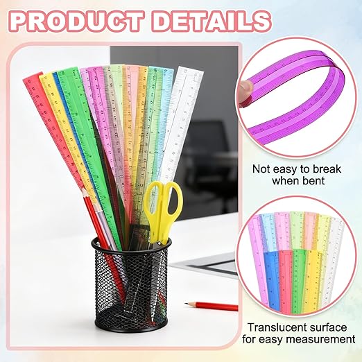 HARFINGTON 5pcs Plastic Rulers 12" (30cm) Clear Straight Ruler Measuring Tool Inches and Centimeters for Home Office Classrooms Drafting, Clear Purple