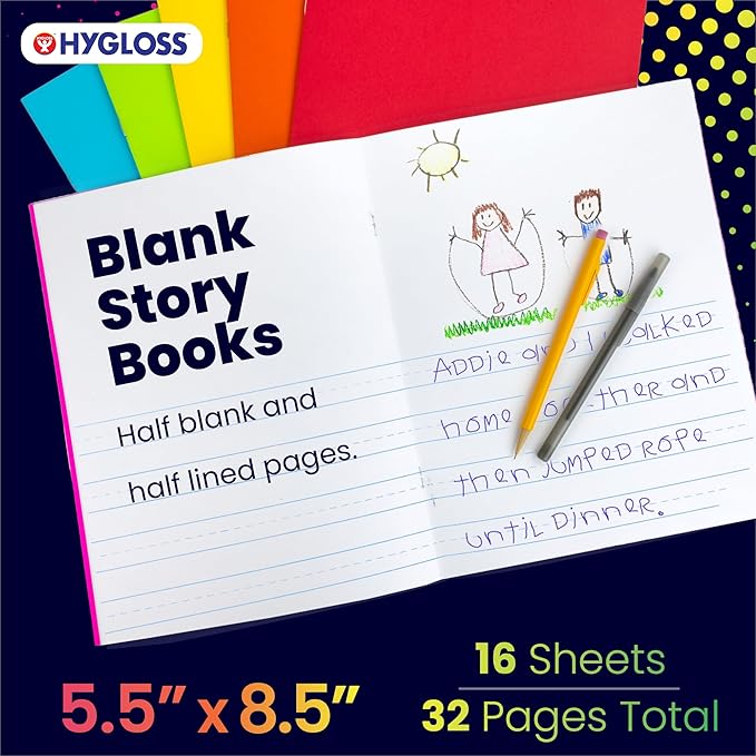 Hygloss Half Blank Books for Kids to Write Stories & Illustrate – Bulk 48 Pack – 5.5" x 8.5" A5 Primary Journal for Grades K-2, Preschool/Kindergarten Notebook with Picture Space – 24 Pages, Colored