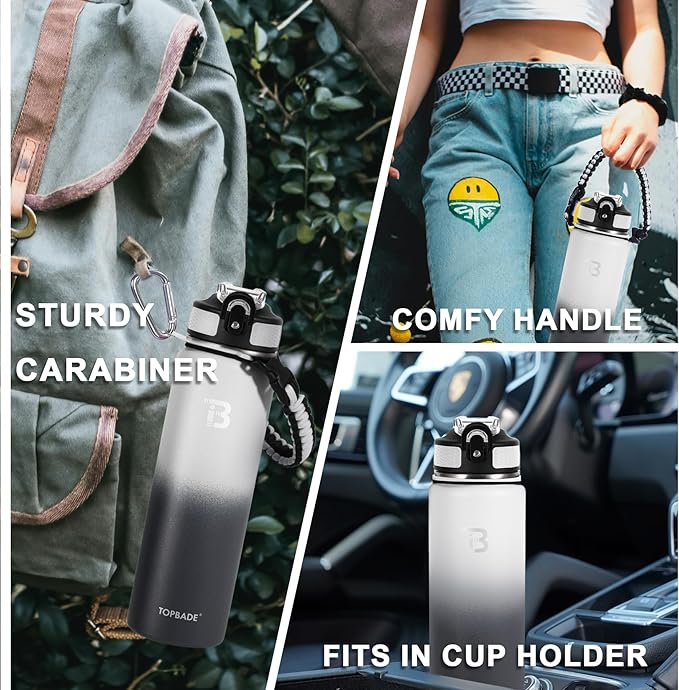 TOPBADE 32oz Insulated Water Bottle with Straw Lid & Spout Lid & Paracord Handle, Stainless Steel Water Bottle Wide Mouth, Double Wall for Women Men Gym Fitness Outdoor