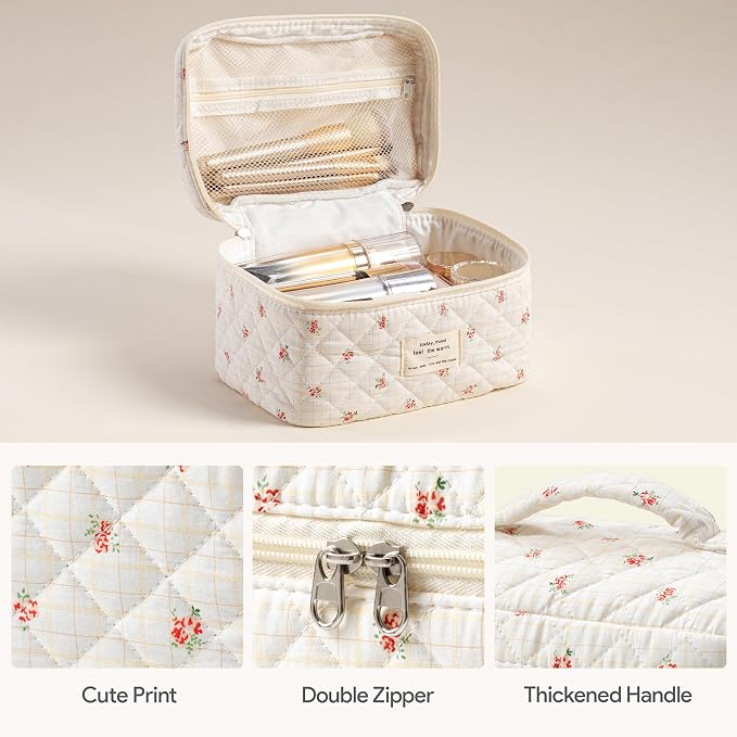 HBselect Quilted Makeup Bag, 3Pcs Cotton Large Travel Makeup Bags Organizer | Cute Floral Make up Bag Cosmetic Bag Toiletry Bag for Women Girls, Makeup Pouch for Skincare, Brushes & Travel Essentials