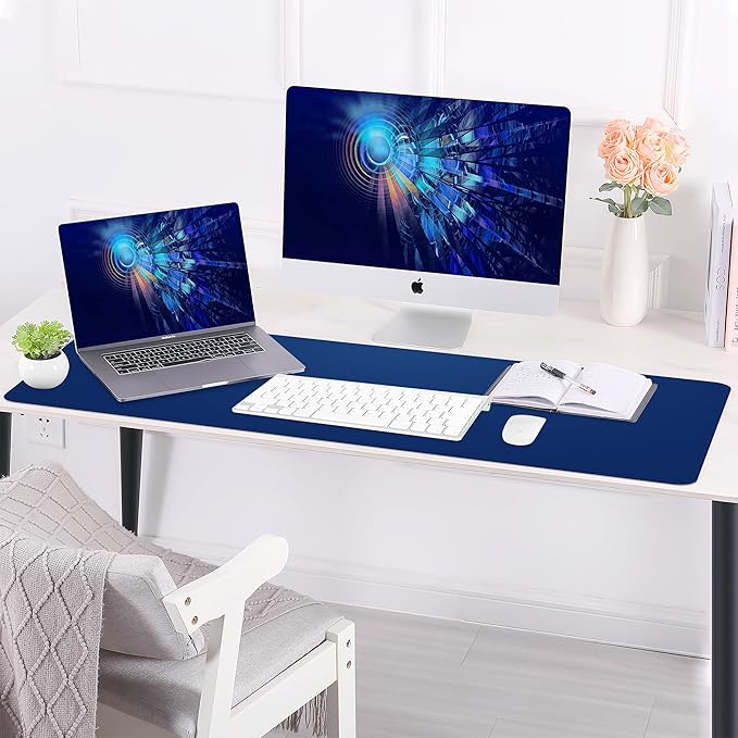 AFIING Leather Desk Pad Protector, Large Desk Mat with Natural Cork & PU Leather, Mouse Pad, Non-Slip, Waterproof Desk Writing Pad for Office and Home, Sapphire Blue