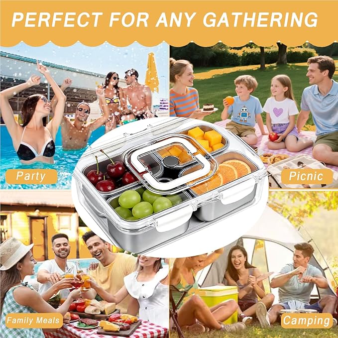 Snackle Box Container, Stainless Steel Snack Tray with Lid and Handle, 4-Compartment Divided Serving Tray for Fruit Veggie Candy, Large Snack Platter for Travel Party Beach Picnic