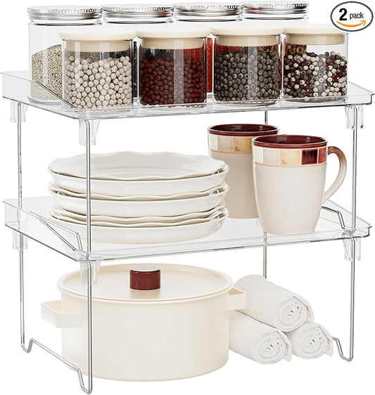 STARLATTA 2 Pcs Cabinet Organizer Shelf, Stackable Kitchen Counter Shelves, Spice Rack,Countertop Organizers, Clear Plastic Storage Shelves Rack for Makeup,Bathroom,Cupboard,Desk,Pantry Organization