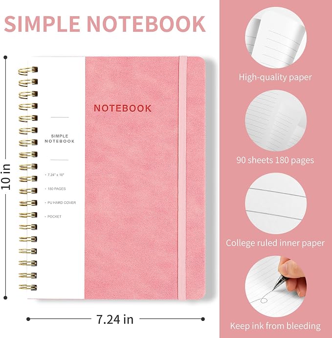 Spiral Notebook - 7.24" x 10" College Ruled Journal with Inner Pockets and 180 Pages, PU Leather Cover Business Journal, Twin-Wire Binding Notebook Perfect for Office & Home School Supplies Pink