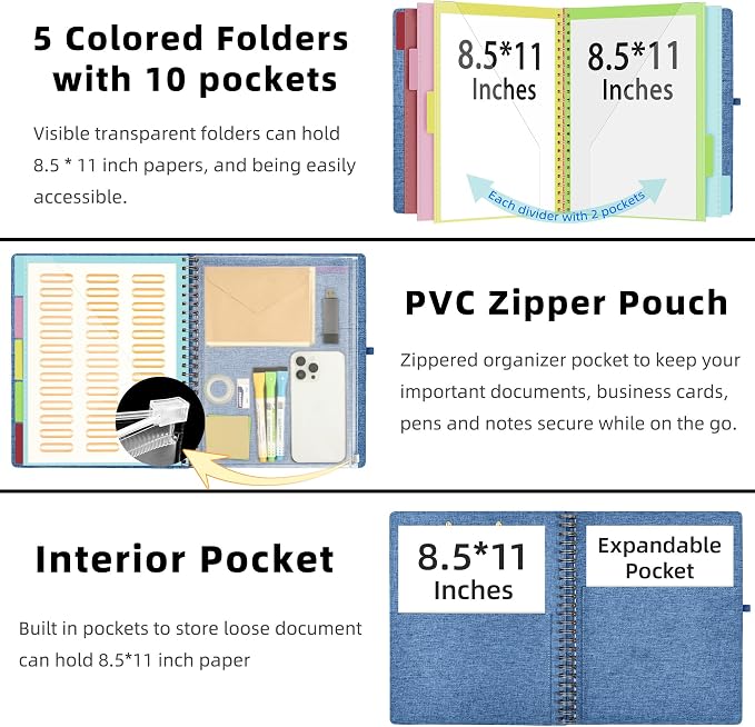 Ospelelf Foldable Spiral Clipboard Folio with Storage Zipper Pouch, 5 Plastic Folders with 10 Pockets, Refillable Lined Notepad (11" x 8.5"), Linen Hardcover Project Organizer(Haze Bule)
