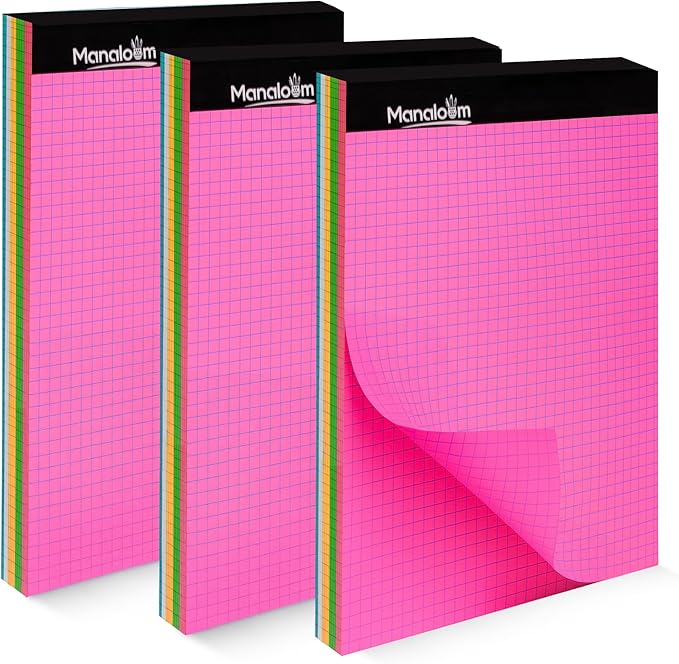 Graph Paper Pad 8.5 x 11 Inch - 3 Pack, 50 Sheets Each (150 Sheets Total) 4x4 Quad Ruled/Grid Notebook, 75 GSM Paper, 5 Colored Pages, Perforated Sheets - for Students,School, Math & STEM (Neon)
