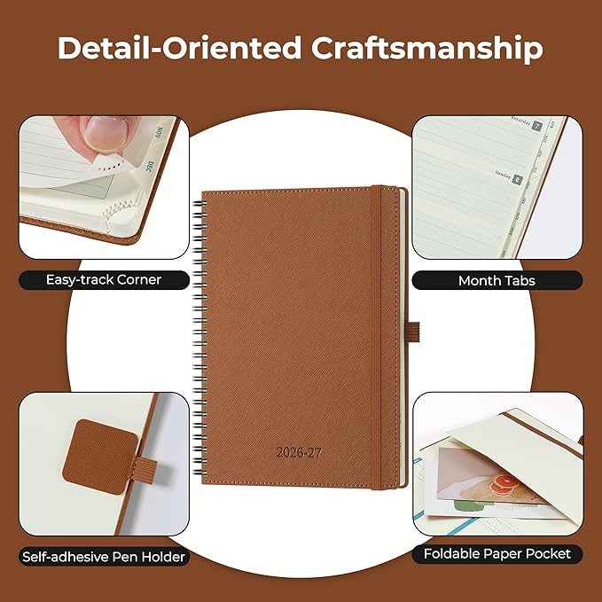 Planner 2026-2027 Daily Weekly and Monthly,8.5"x6.5",18 Months Spiral Bound Calendar Agenda with Self-adhesive Pen Holder,2026 Academic Plan with Vegan Leather Soft Cover,Brown