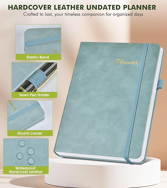 Undated Weekly and Monthly Planner, Hardcover Leather Calendar Blank Planner, Simplified To Do List Notebook with Goal & Habit Tracker Organizer, A5 Daily Weekly Planner for Work School Home, Blue