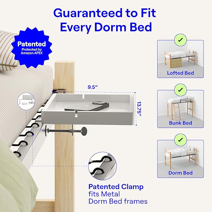 BedShelfie Wood Bedside Shelf for Bunk Bed & Top Bunk, College Dorm Room Essentials, Loft Nightstand, Floating Bed Side Table Tray Storage, Dorm Room Decor By Smallish - (DormEssential Wood, White)
