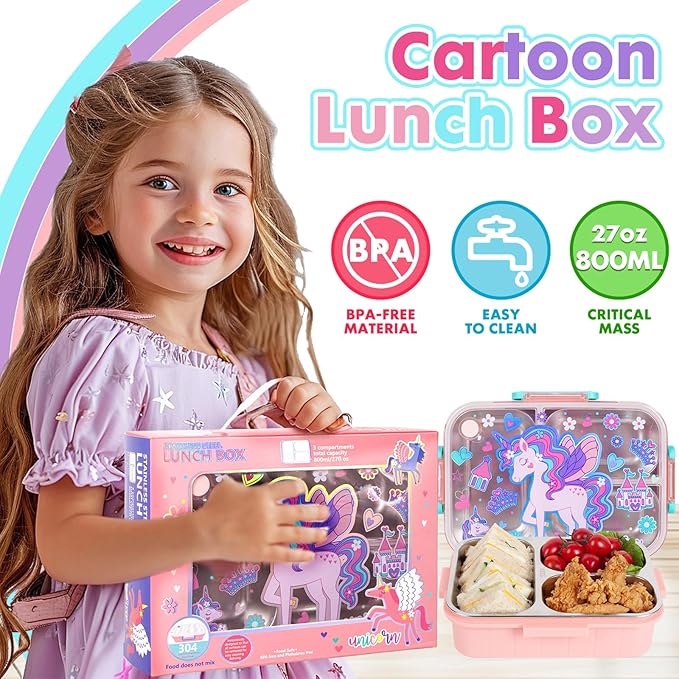 Stainless Steel Bento Lunch Box for Kids, 800ml/27oz BPA-Free Leak-Proof Food Containers with 3 Compartments, Freezer & Dishwasher Safe, Back to School Students Lunches Size for Ages 3-7