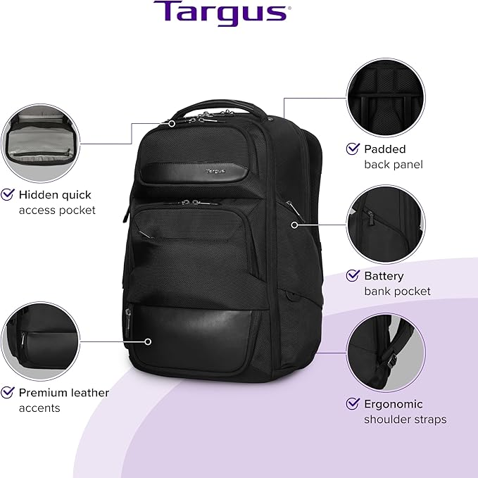 Targus 15-16 Inch Heritage Luxe Backpack, Professional Laptop Backpack with Padded Laptop Compartment, Ergonomic Shoulder Straps, Water-Resistant Fabric, Spacious Storage, Black (TBB656GL)
