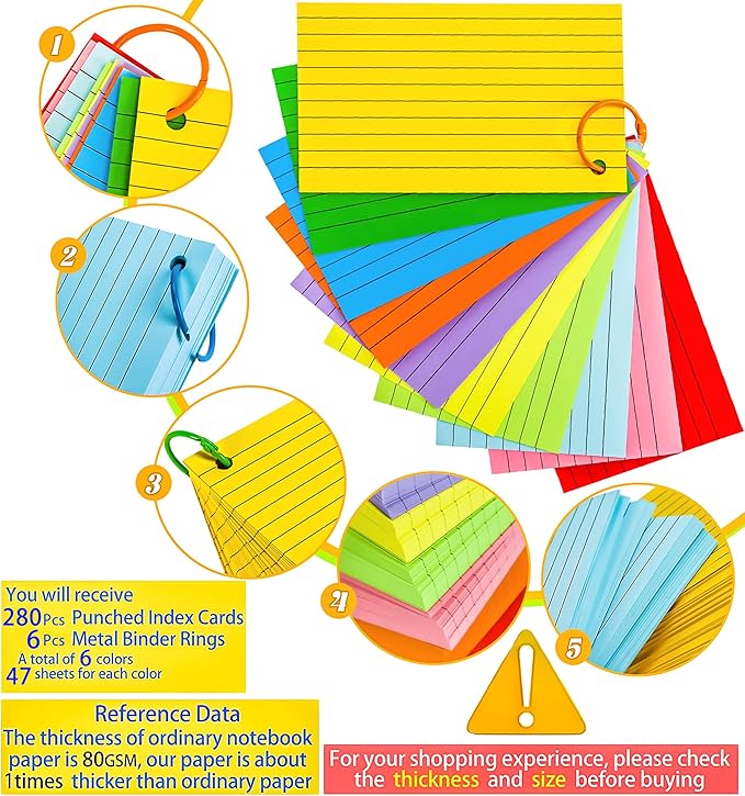 280Pcs Colored Index Cards 3x5 Inch Flash Cards with Rings Lined Note Card Flashcards, Colorful Ruled Card Pad Index Note Books 3 x 5 Notecards for Studying School Supply College Office