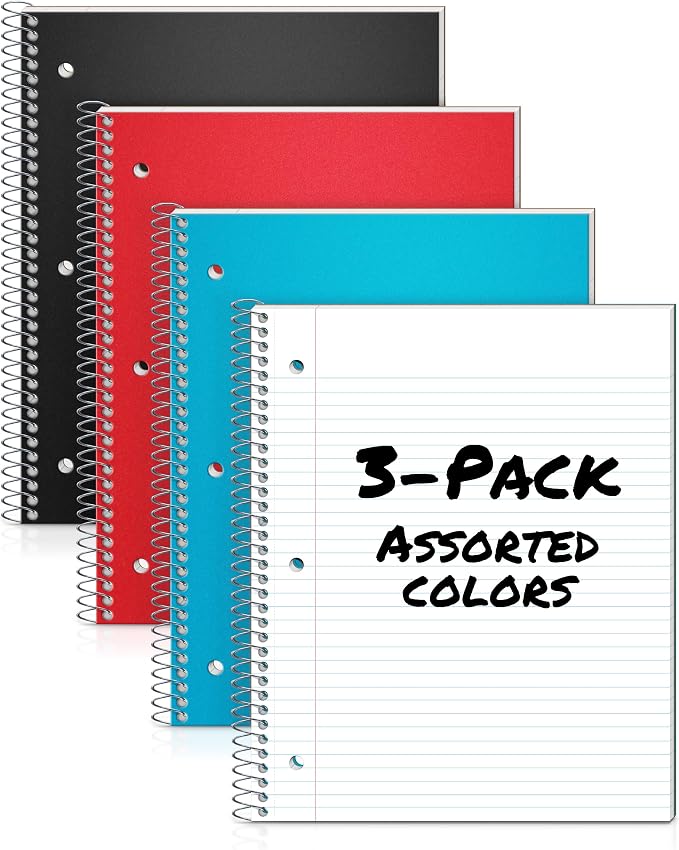 Dunwell 1-Pack College Ruled Spiral Notebooks 8.5x11, Red/Blue/Black