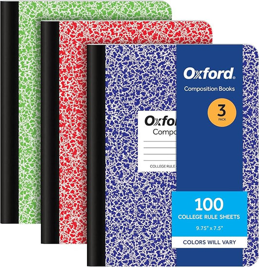 Oxford Composition Notebooks, 3 Pack, Cover Colors Vary, College Ruled Paper, 9-3/4 x 7-1/2 Inch School Journals, Assorted Marble Covers, 100 Sheets per Book (1002518)