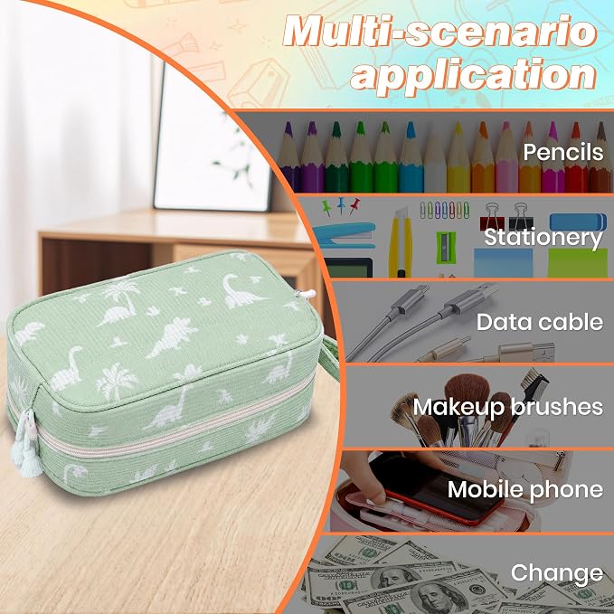 Big Capacity Pencil case,Soft Corduroy Pencil Bag with 3 Compartment,Pencil Pouch School Supplies Cute Pencil Box Pencil Bag for Teen Girls Boys College (Dinosaur)