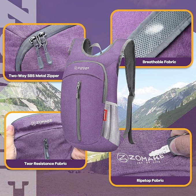ZOMAKE Lightweight Packable Backpack, 10L Small Foldable Daypack for Hiking | Water Resistant Collapsible Backpacks for Women Men,Everyday Carry,Multi Compartment Storage,Adjustable Strap(Light PurpleA1)