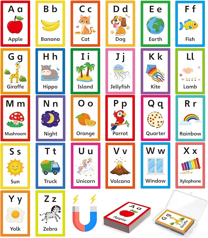 Epakh 26 Pcs Magnetic Alphabet Flash Cards with Storage Box 26 A - Z Letters for Kids, Preschool, ESL, Montessori Learning, Educational Gift for Toddlers, Classroom(Colorful)