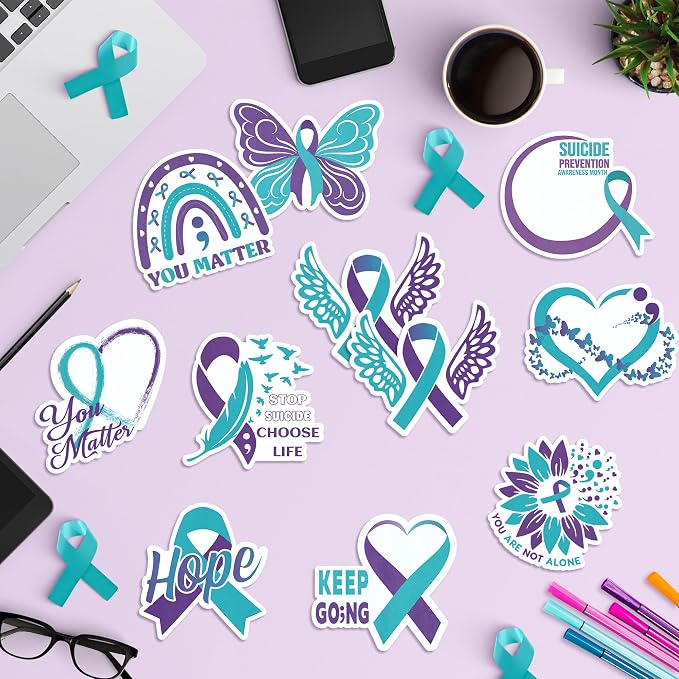 Xqumoi 30 Pack Suicide Prevention Awareness Sticky Notes - Purple & Teal Ribbons with Inspirational Message Self Sticky Writing Memo Pads for School Charity Events Party Favors Goodies Bag Fillers