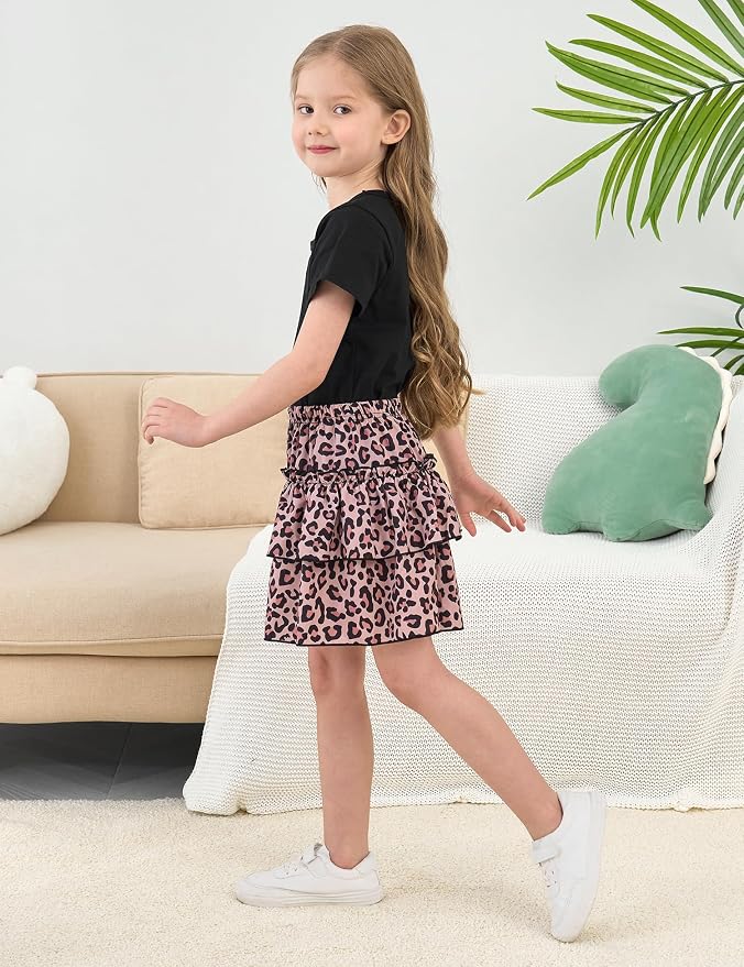 Little Girls Skirt Set - 2 Piece Short Sleeve Top Shirred Tiered Skirt Outfit Girls Spring Summer Clothes 3-8 Years