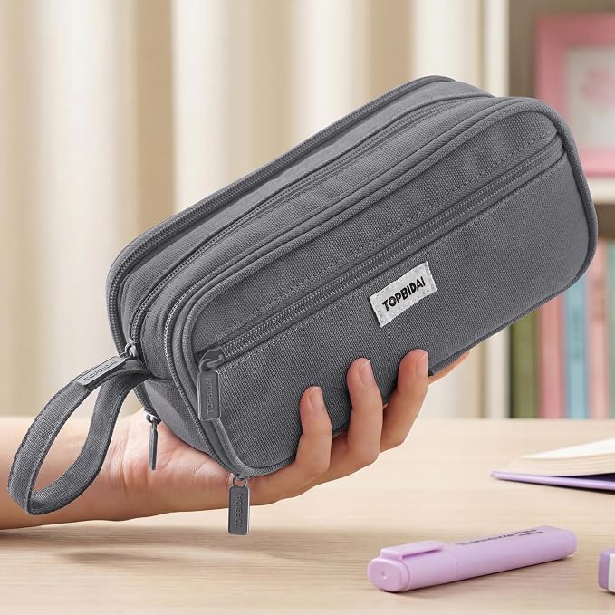 TOPBIDAI Large Pencil Case Pouch for Girls Boy Women Men Adults | Big Capacity Canvas Pencil Bag, Office School Supplies, Multi Compartment Zipper Stationery Pen Box(Stone Grey)