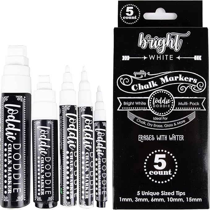 Loddie Doddie Liquid Chalk Markers - Pack of 5, Multi-Tip 1-15mm, White - Versatile Chalk Art for Blackboard & Window - Fine Tip Ink Pen for Intricate Designs - Erasable Dry Erase Markers
