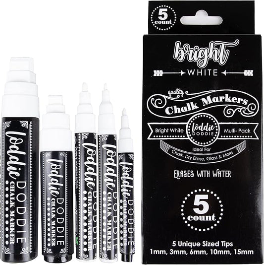Loddie Doddie Liquid Chalk Markers - Pack of 5, Multi-Tip 1-15mm, White - Versatile Chalk Art for Blackboard & Window - Fine Tip Ink Pen for Intricate Designs - Erasable Dry Erase Markers
