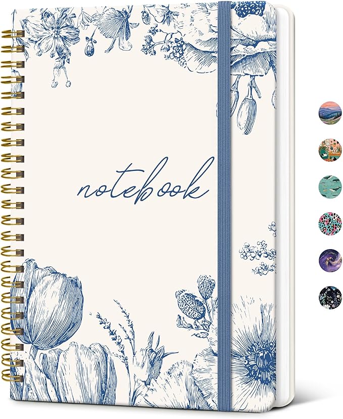 Taja Spiral Lined Journal for Women, Notebook for Work with Pretty Cover, 140 College Ruled Pages, Hardcover Notebook for Journaling, Note Taking, Bible Study, Blue Elegance
