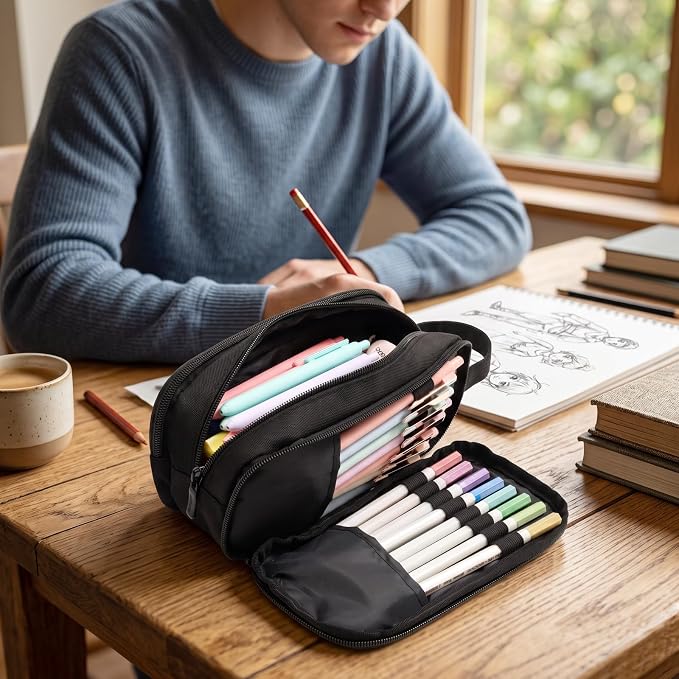 SUNEE Large Capacity Pencil Case with 3 Compartment, Extra Big Pencil Pouch, Pencil Bag with Clear Window, Pen Case School Supplies for Teens Adults Girls Boys, Black