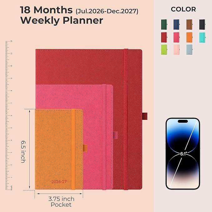 Weekly Monthly 2026-2027 Planner (July 26-Dec 27),6.5"x3.75",18 Months Agenda Plan with Month Tabs & Pocket,Expenses/Note Pages, Academic Calendar with Vegan Leather Cover,Red