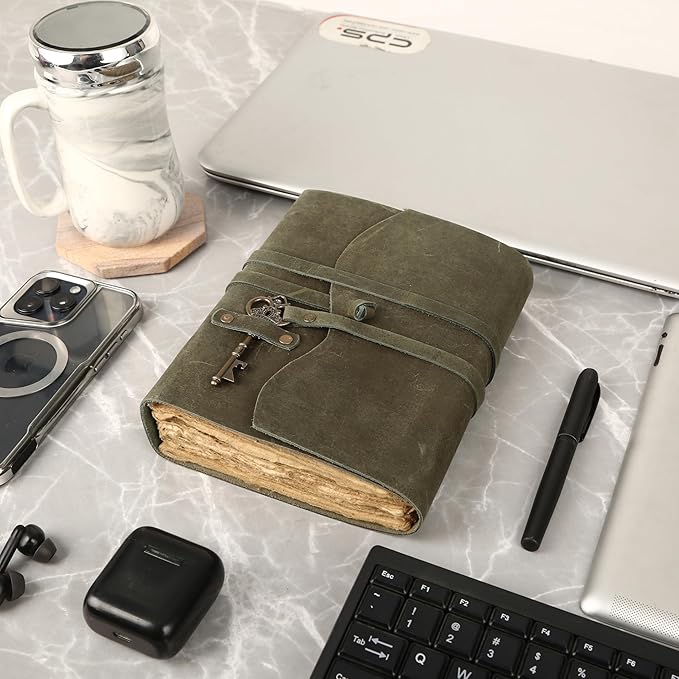 Leather Journal with Deckle Edge Paper 8x6 inch and Vintage Key | Handmade Writing Notebook Diary | Bound Daily Notepad for Men & Women Medium, Sketch/Writing pad for Artists