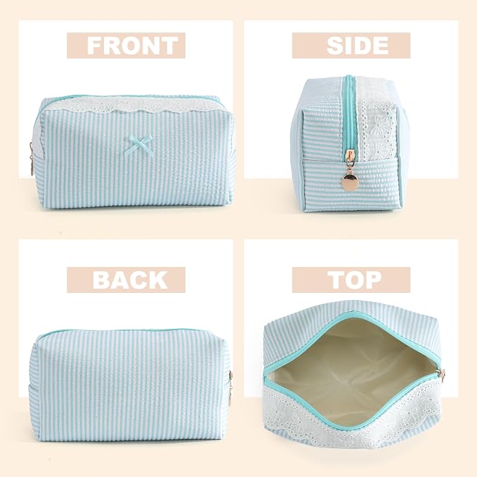 Makeup Bag Travel Toiletry Bag for Women, Small Cosmetic Bags with Lace Trim Cute Green Stripe Aesthetic Organizer Makeup Pouch for Purse Emergency Bag Pencil Case Accessory Bag