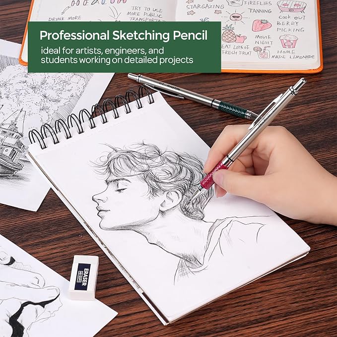 Nicpro 2.0 mm Mechanical Pencils Set, 4PCS Metal Mechanical Drawing Pencil | 108 Color & Black (HB 2B) Lead Refill, Non Slip Grips, Art Mechanical Pencil for School Writing, Artist Drawing Sketching