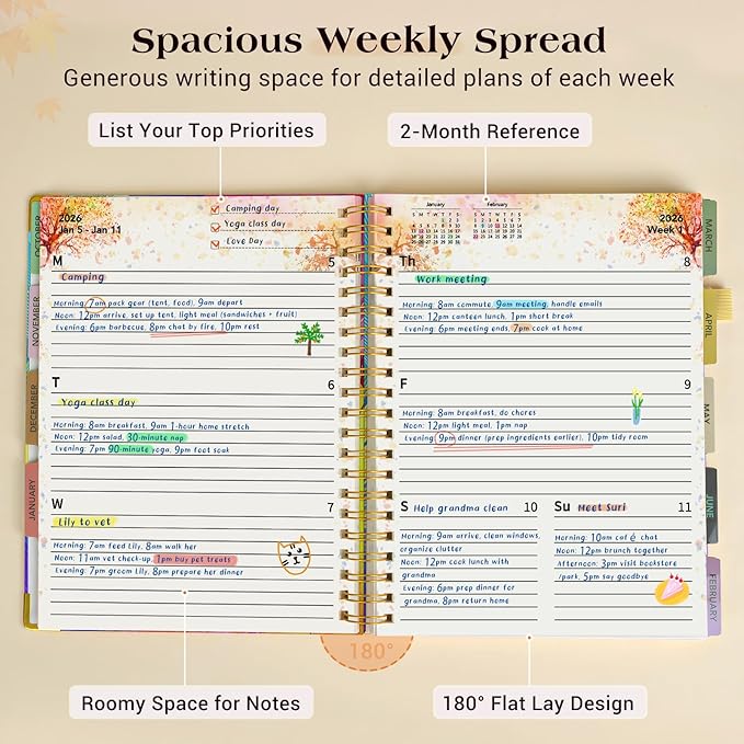Planner 2026-2027, 18 Months Weekly and Monthly Daily Planner from January 2026 - June 2027, 8.5" x 11" A4 Large Hardcover Agenda Organizer Book 2026 with Tabs, Spiral Yearly Calendar Planners for School Work Home, Colorful Feather