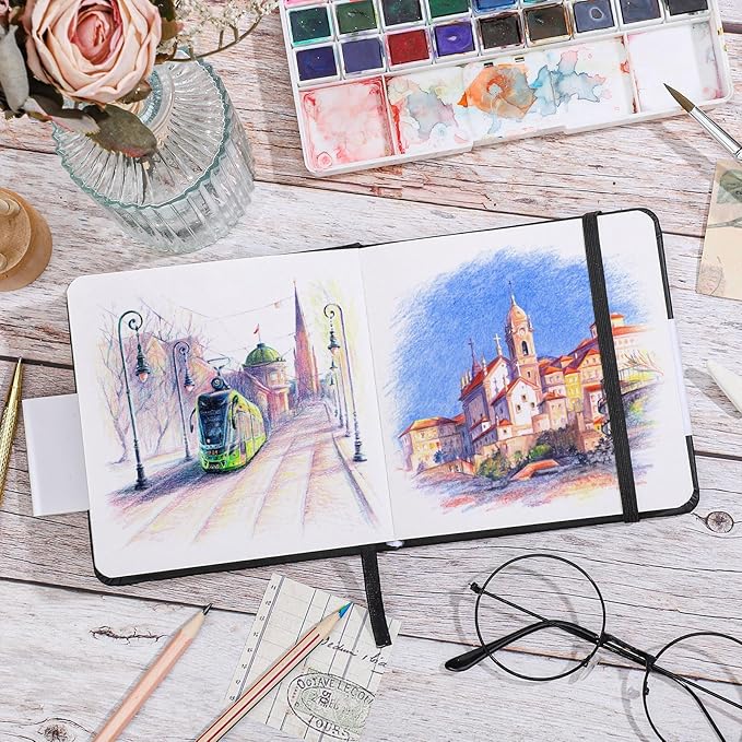 Prudiut Hardcover Pocket Sketchbook, 5" x 5" Square Mini Sketchbook, 98lb/160gsm Heavyweight Tiny Sketch Book, 80 Sheets Small Travel Drawing Journal for Adults, Artist, Ideal for Gift (Black)