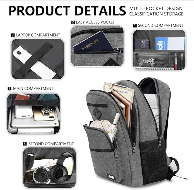 Grey Backpack for Men Women, School Backpack for Boys Girls Teens, 17.3 inch Laptop Back Pack with Reinforced Straps, Backpacks for School Business Work College Travel, College Book Bag, Bookbag