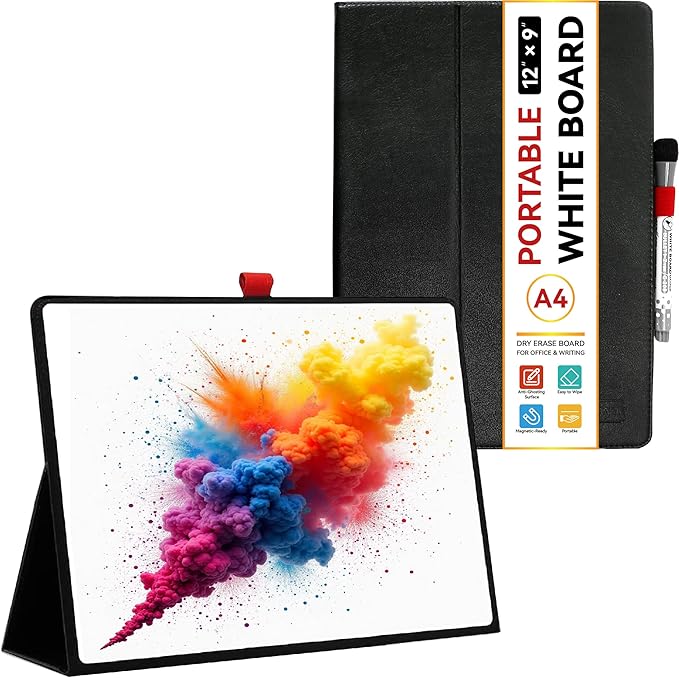 Desktop Dry Erase Board,12" X 9" Small White Board,Portable whiteboard with Stand, Marker and Eraser Wipe, A4 Notebook White Board Easel for Kids Drawing on Desk, for Students Shool (Black)
