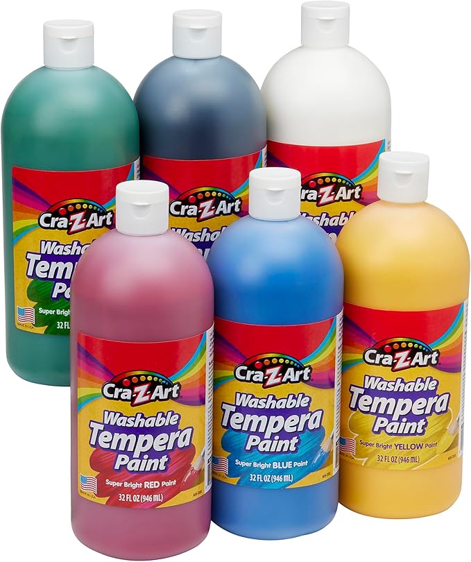 Cra-Z-Art Washable Tempera Paint Bulk Pack 6 Color Set Assorted Colors 32oz each bottle, 6 Super Bright Finger Paint Color, Great Back to School Teacher Supplies